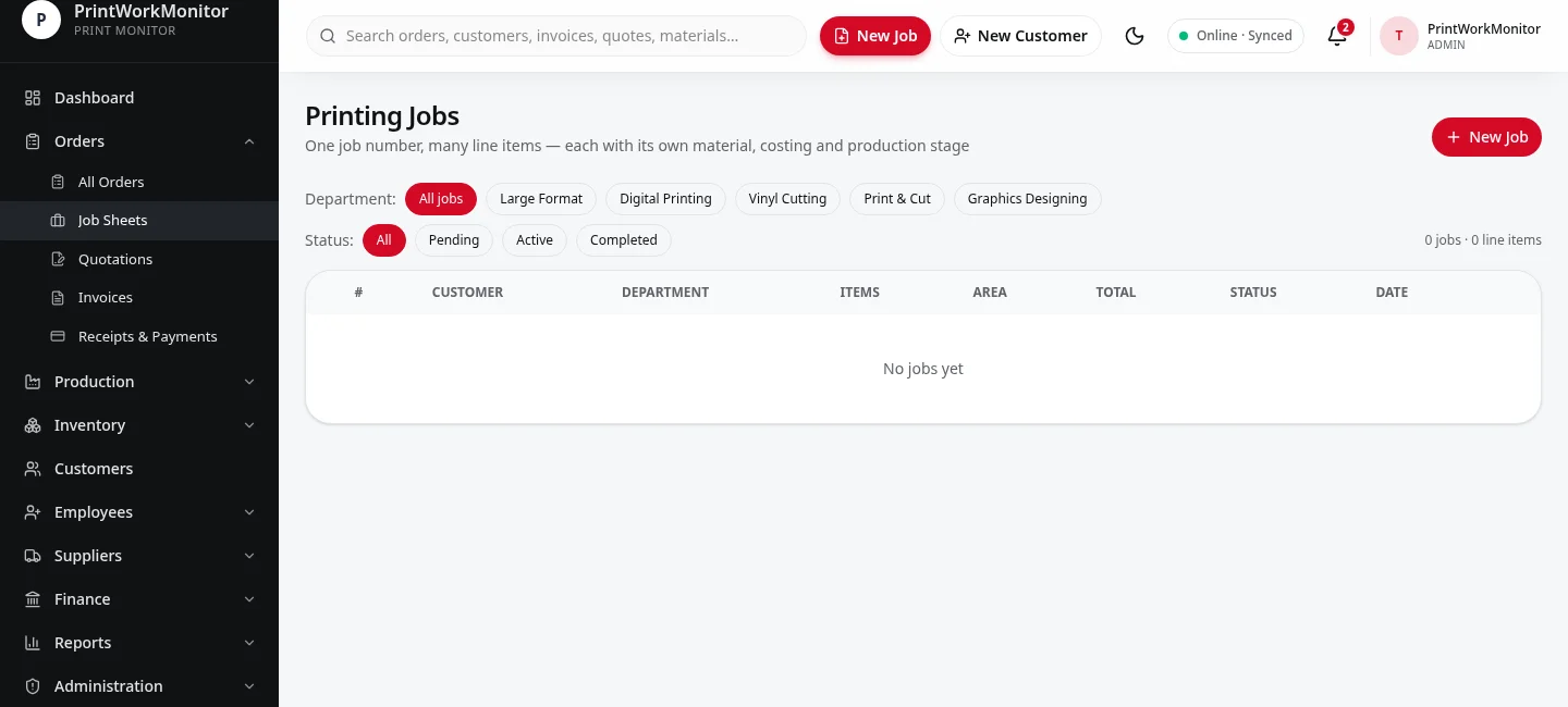 Actual PrintWorkMonitor jobs screen with department filters, status controls and job table