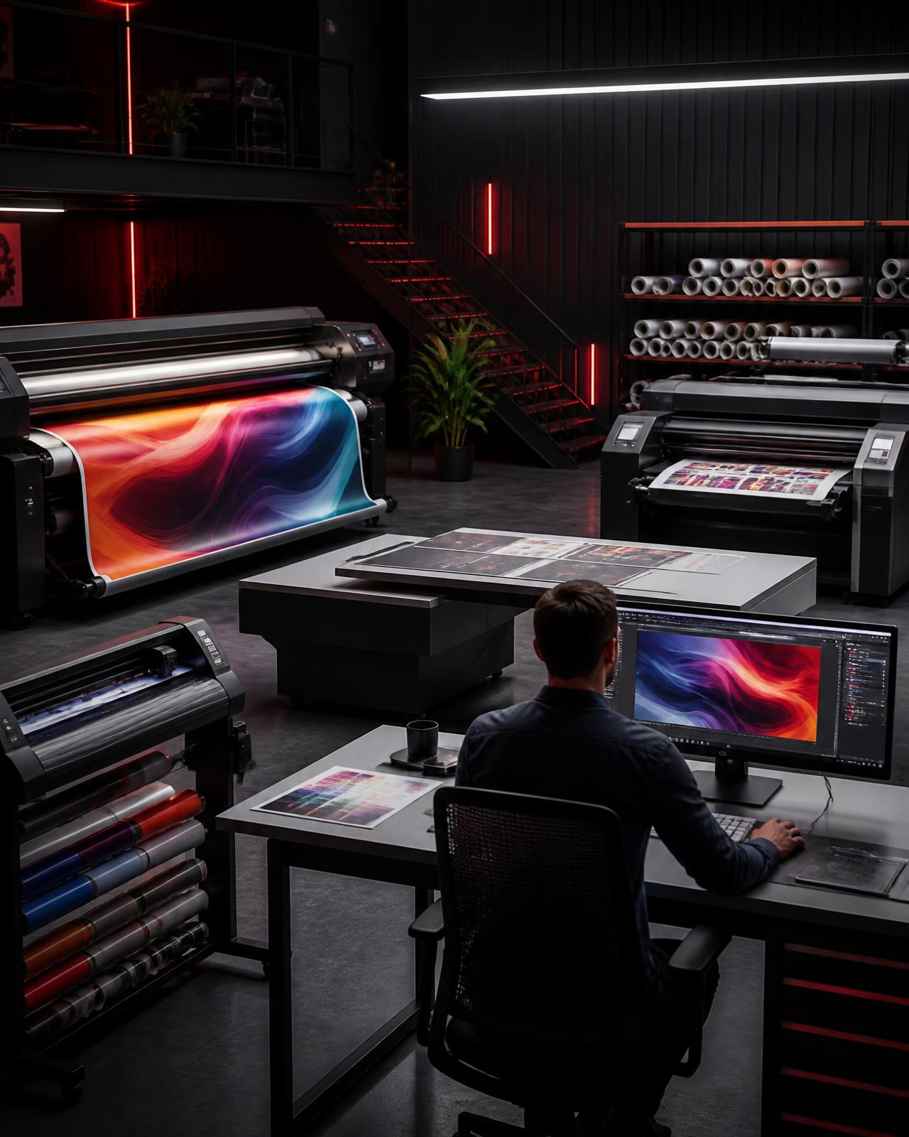Modern print production floor with a large-format roll printer, digital press, vinyl cutter and media rolls